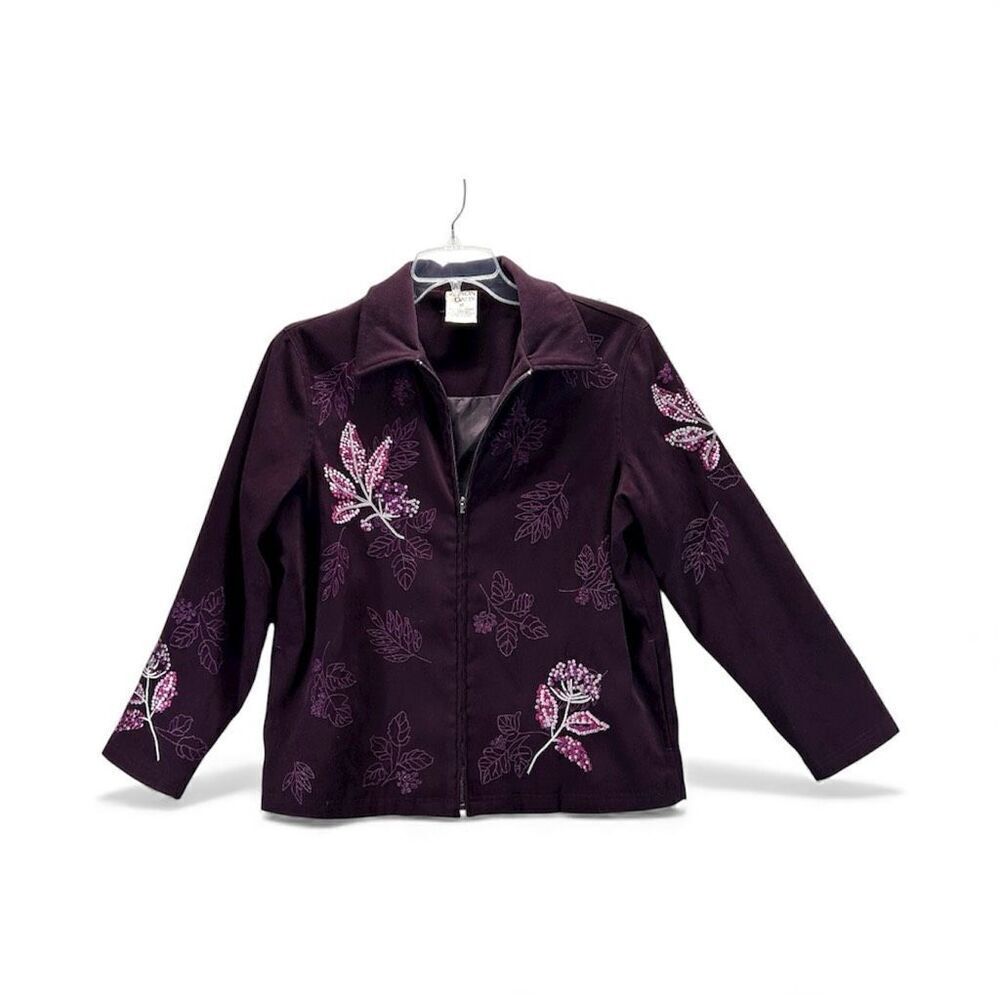 Alison Daley Women’s Plum Purple Embroidered Zip Jacket 12 | Stretch Floral Top